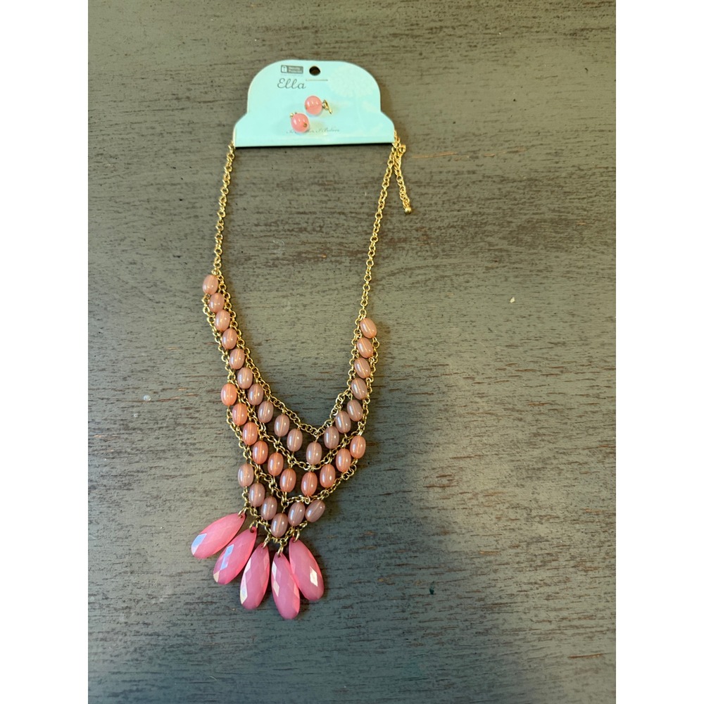 Ella Pink Peach Bead Bib Necklace Earrings Set Gold Tone Statement Jewelry NEW